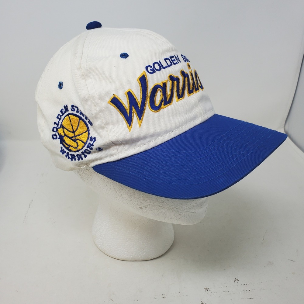 Vintage Golden State Warriors Hat Cap White Blue Script Snap Back NBA Basketball